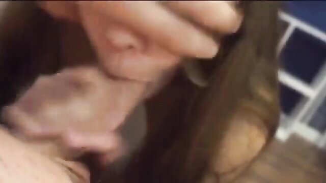 Teen brunette giving deep sloppy oral, messy saliva and cum