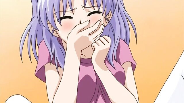 Cute lavender-haired anime stepsister blushing shyly in pink shirt cafe hentai