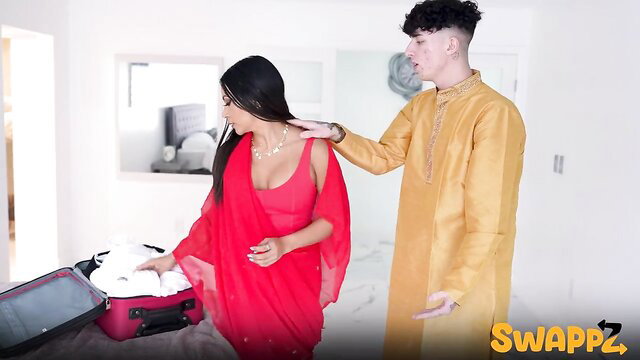 Sasha Pearl in red saree groped by curly-haired guy in Indian attire, MomSwap