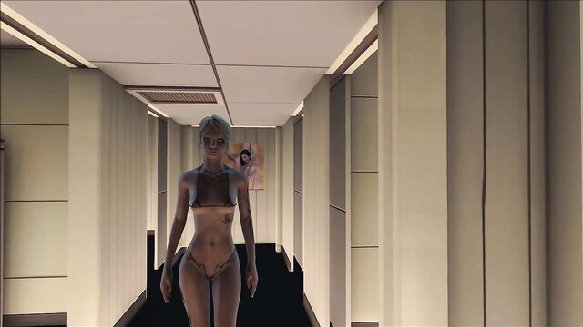Sexy anime blonde in skimpy lingerie walks in Fallout 4 hallway