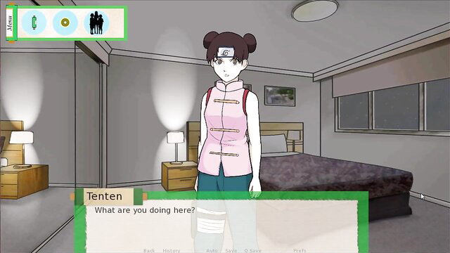 Tenten in a bedroom with a seductive expression