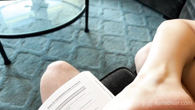 Kera Bear reading book with legs spread wide open