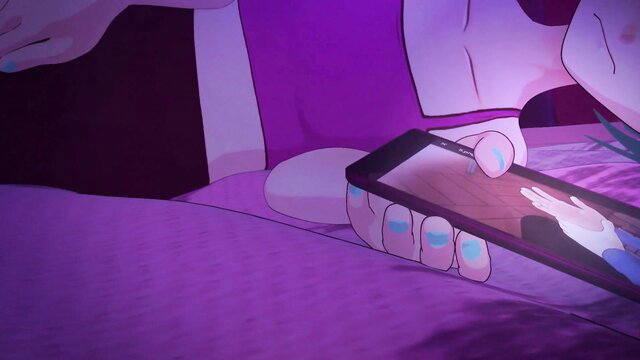 Meru the Succubus Ep.3 hentai girl in lingerie holds phone on bed