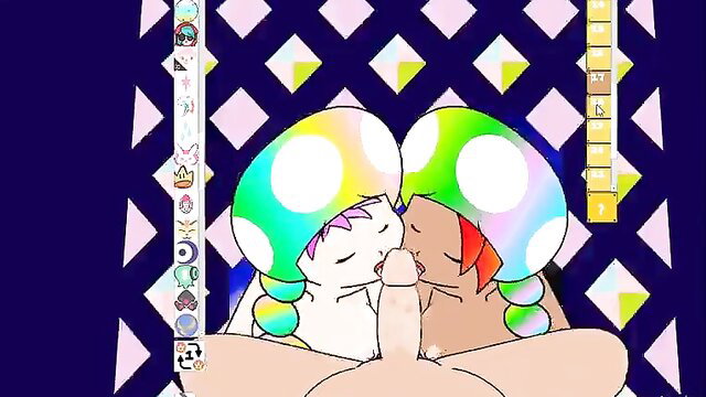 Horny Nintendo Toad Girls animated hentai kissing with penis blowjob