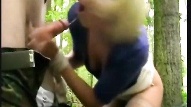 Blonde girl in blue assaulted by soldier in woods, rough outdoor sex