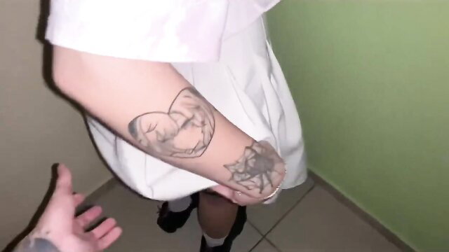 Tattooed amateur teen in schoolgirl skirt lifted for public hookup