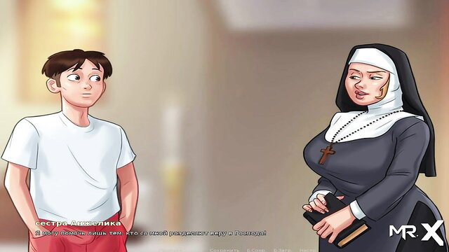 Busty nun in habit chats with young man in t-shirt and shorts