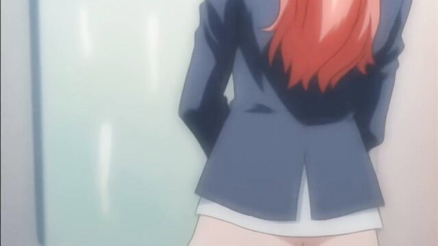 Redhead anime teen in tight skirt and blazer from behind, hentai tease