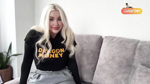 Blondessa in Dragon Money hoodie and skirt, sexy amateur tease