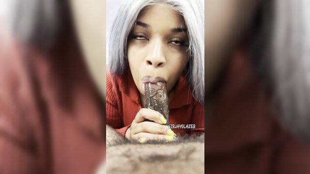 Mixed ebony with silver wig deepthroats huge dong, runny nose, amateur blowjob
