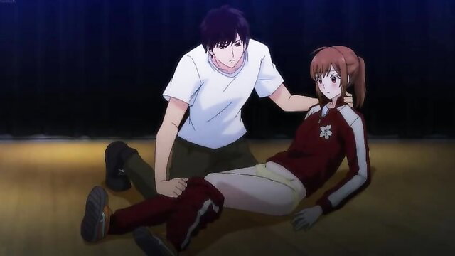 Anime guy cradling injured redhead girl in track uniform, dramatic pose