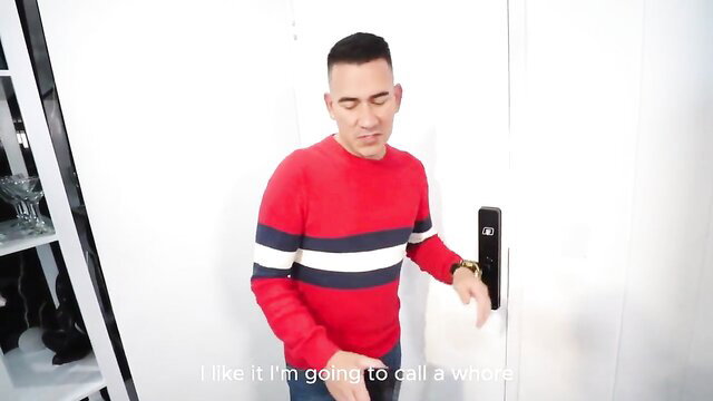 Latino man in red sweater grabs door handle, calls whore in amateur video