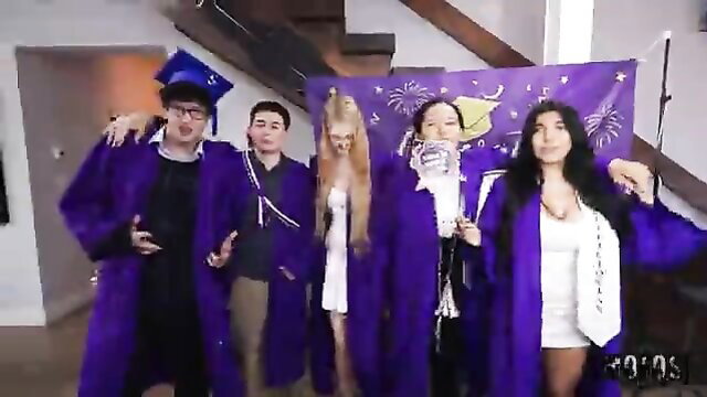 Diabella Eclair graduates with 4 guys in sexy gowns, valedictorian orgy