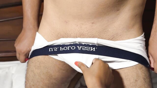 Lustymood & Xxxsexfreak pull down Indian man's white briefs exposing bulge