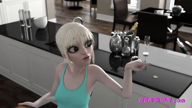 Blonde futa dickgirl in teal tank top poses seductively in kitchen