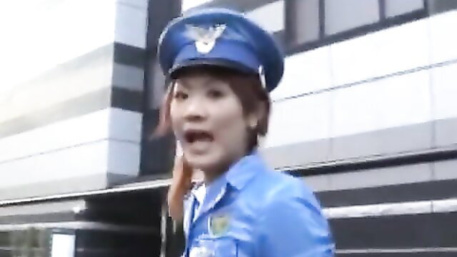 Japanese police girl in miniskirt yells outdoors, public nudity tease