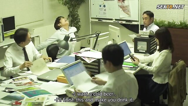 Ninomiya office group with JAV women laughing, shirts, during typhoon fuck