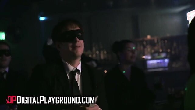 Eva Lovia blindfolded in suit at bar club party Digital Playground