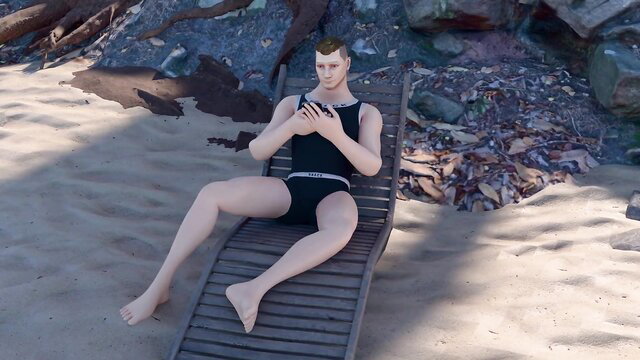 Fit white male in black speedo lounging on beach chair, vore animation by dangernoodle
