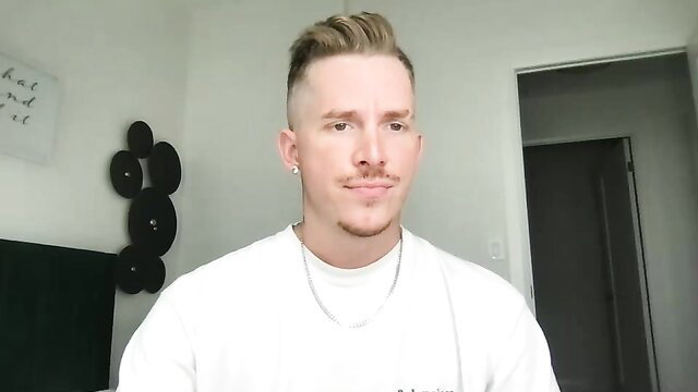 Blond undercut guy with mustache in white tee, gay amateur thumbnail