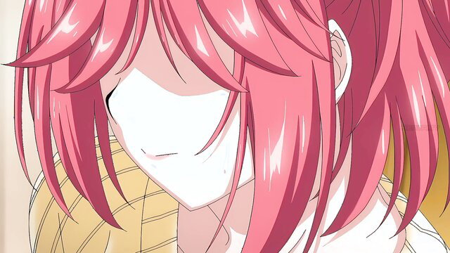 Pink-haired JAV anime girl closeup, seductive smile, Tsuma o Dousoukai ni Ikasetara Ep.1
