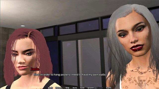 Two sexy women with red and silver hair chatting nude in room
