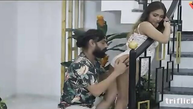 Indian couple doggy style fuck on stairs, white dress upskirt