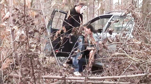 Brunette Nataly natural tits anal sex in woods car door outdoor