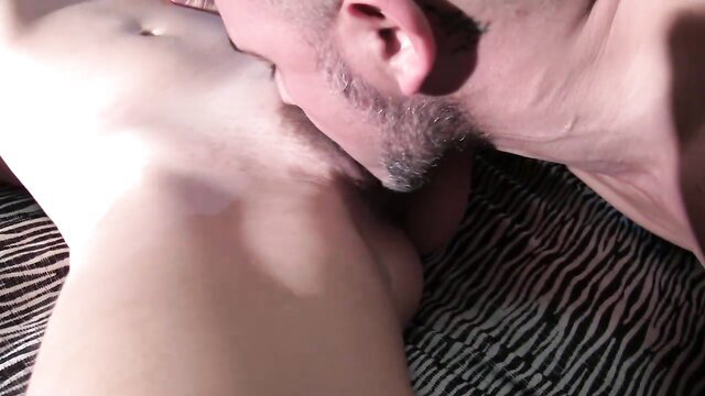 Precious Rambetto milf neck kissed by bearded man in hot embrace