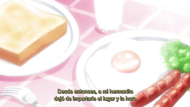 Anime hentai breakfast scene with toast, egg, sausage, milk - Uchi no Otouto