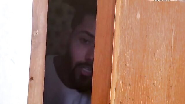 Bearded Indian man peeking from door in hot amateur couple video