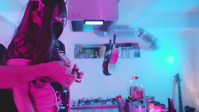 Echiechi my kanojo in pink lingerie holds mic in neon kitchen, erotic nurse cosplay