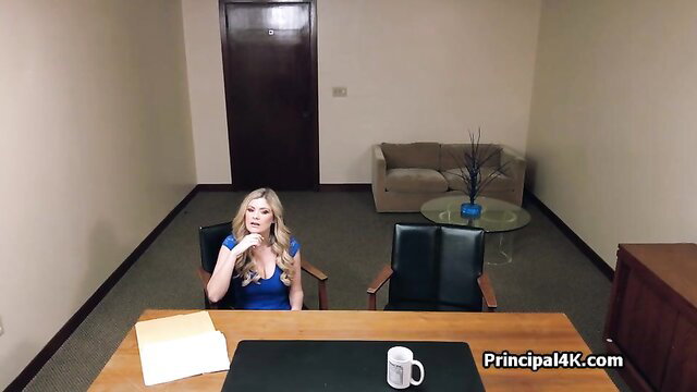Blonde suburban mommy in blue dress kneels to suck head teacher