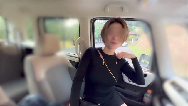 Rika-channel in car, black dress, censored face, teasing pose