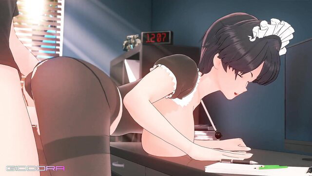 Short black-haired maid in sexy uniform bent over desk, big ass upskirt