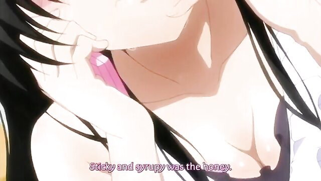 To Love-Ru Hentai: Anime girl licks sticky honey off fingers, cleavage tease
