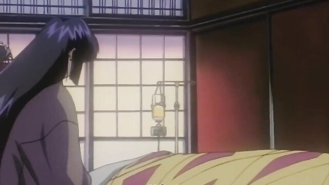 Hentai maid in hospital bed with IV drip, long purple hair, viewed from behind