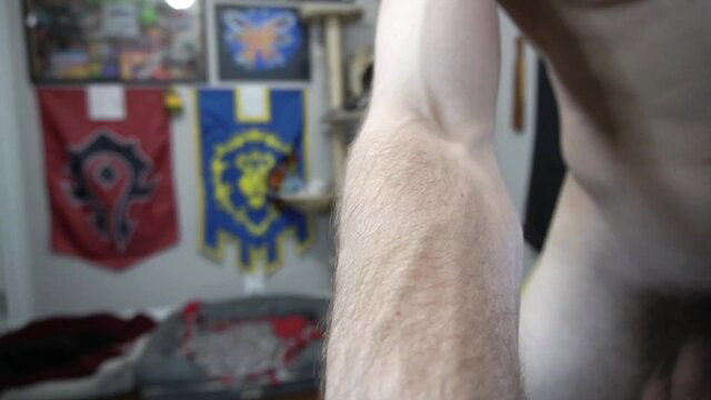 Muscular white guy hairy arm and torso closeup in gay amateur threesome