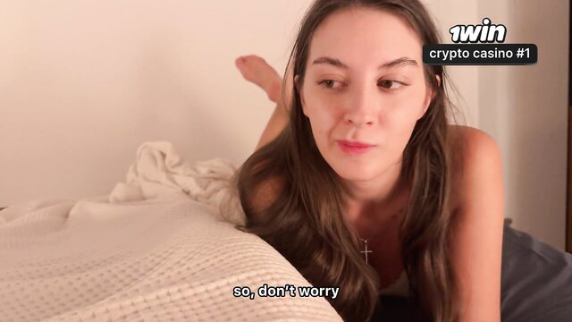 Hot brunette step sis lounges topless on bed in crypto casino promo