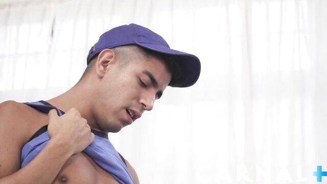 Latino twink Milo Miles shirtless in cap, James Lawson TwinkTop action