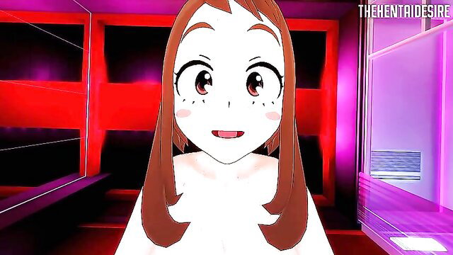 Ochako Uraraka nude smiling in neon room, My Hero Academia hentai