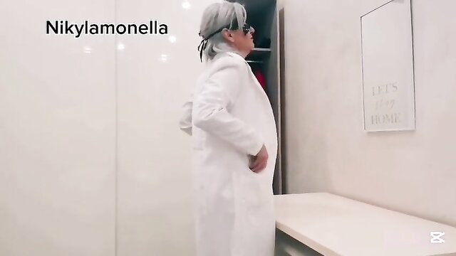 Nikylamonella in white lab coat, sexy doctor roleplay tease