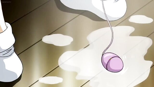 Blonde teen's white stockings and dropped pink Ben Wa balls on wet floor