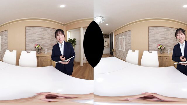 Japanese office lady in suit holds clipboard in VR 360 view