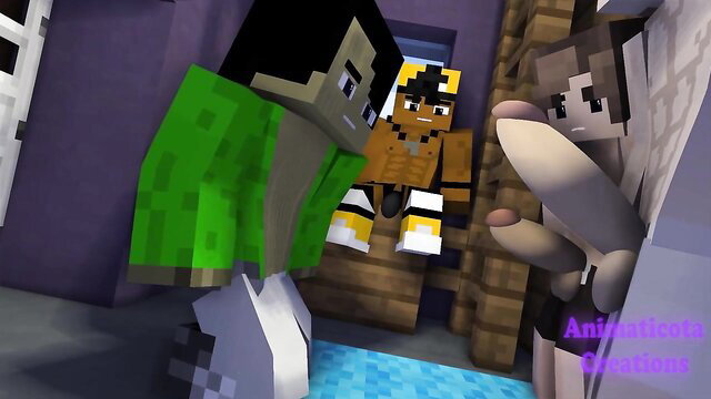 Minecraft gay college club threesome with black green jacket dude and twink