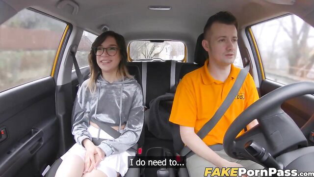 Megan Love in silver hoodie teases in car with driver, backseat cowgirl ahead