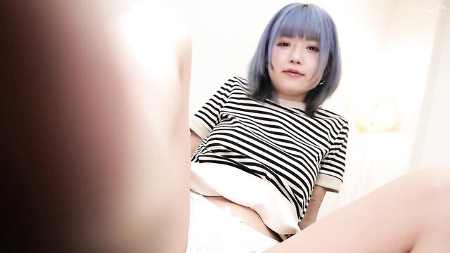 Blue-haired Asian JAV girl in striped shirt and panties looks down contemptuously POV