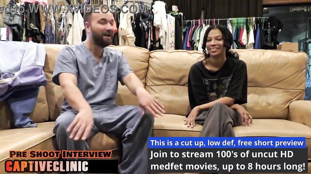 Angel Santana pre-shoot interview in scrubs, lesbian porn preview