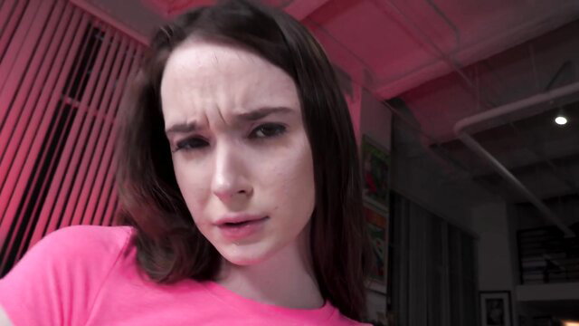 Hazel closeup POV face with concerned expression in pink top