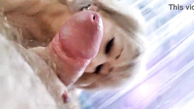 Glamorous blonde MILF Aimee sucks huge cock closeup POV